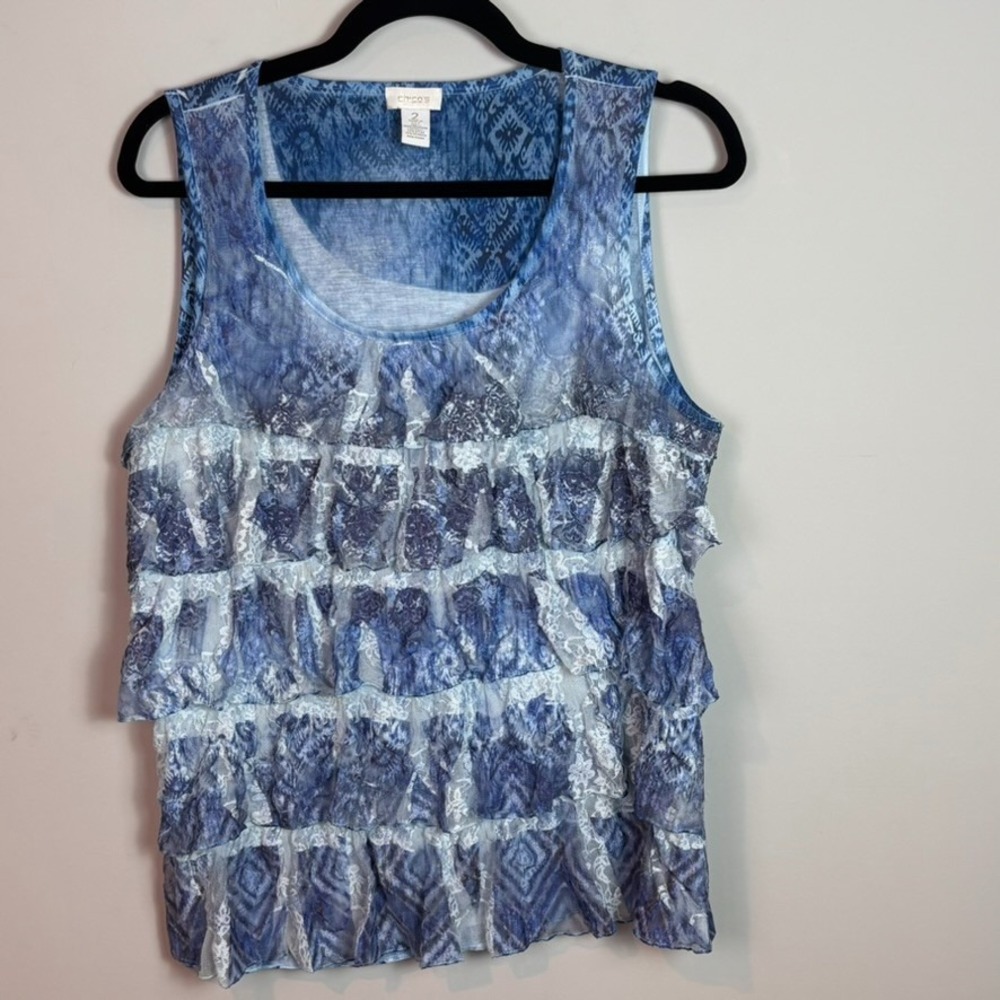 Chicos Womens blue tiered lace ruffle sleeveless stretch blouse sz 2/Large